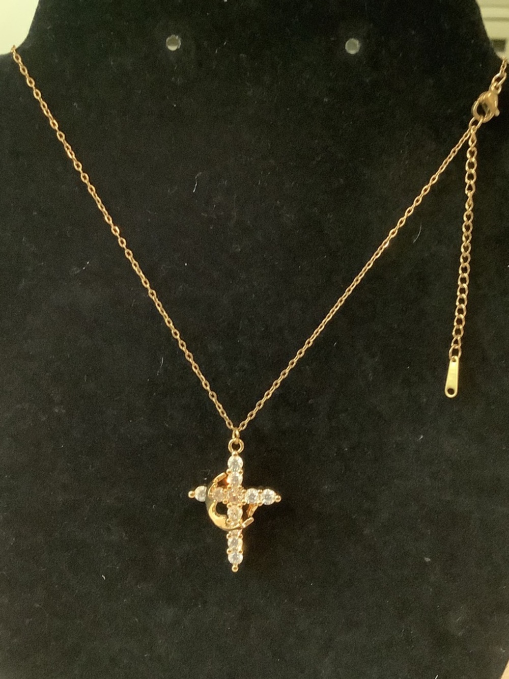 Women’s Gold Tone Crystal Star Cross& Rotating Crown Pendant Necklace, Brand New